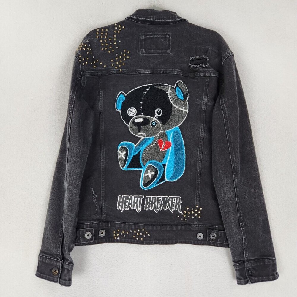 Kloud 9 Jacket Men Extra Large Black Heart Breaker Bear Denim Trucker Distressed